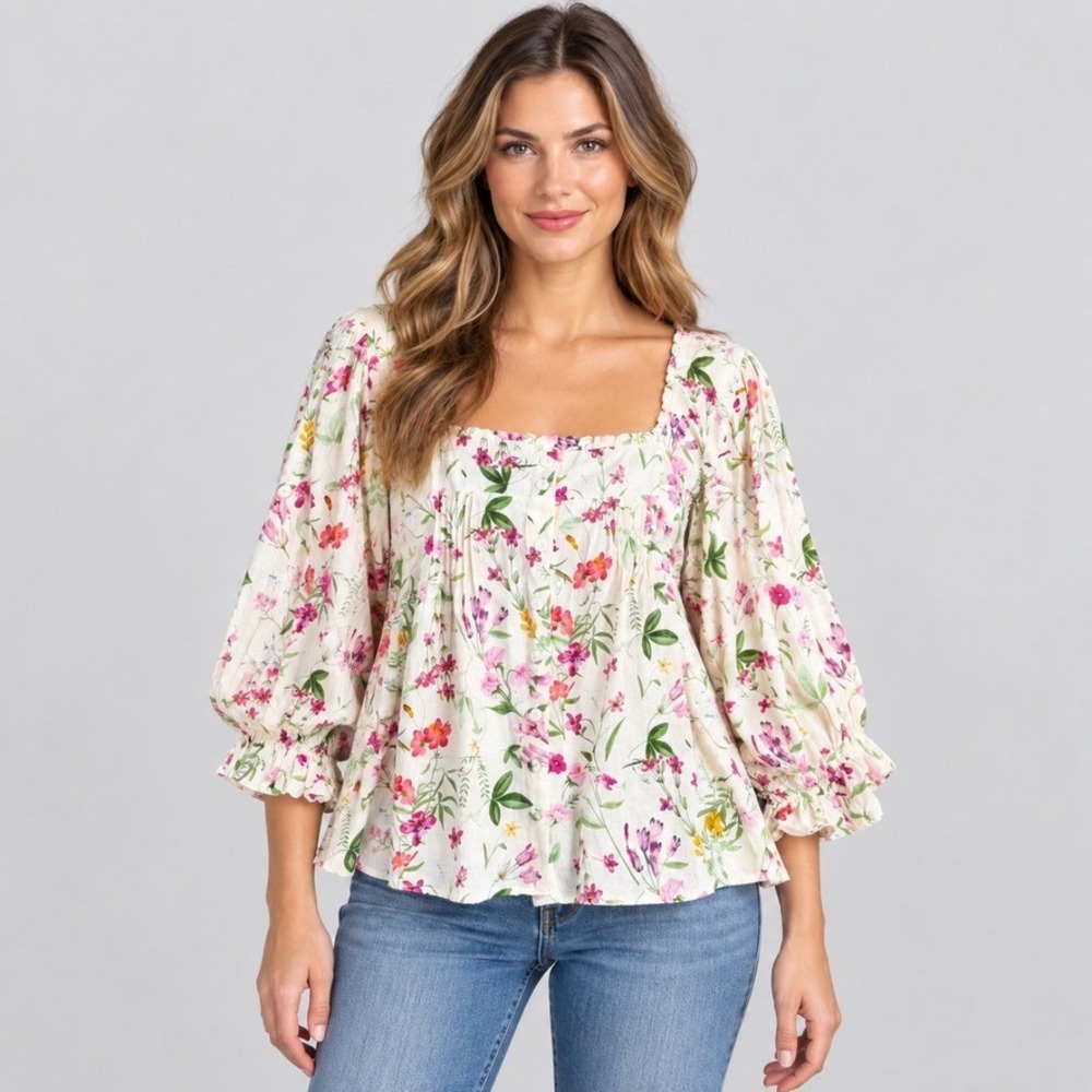 Joie Womens M Cream Floral Linen Balloon Sleeve Boho Cottagecore Blouse Top